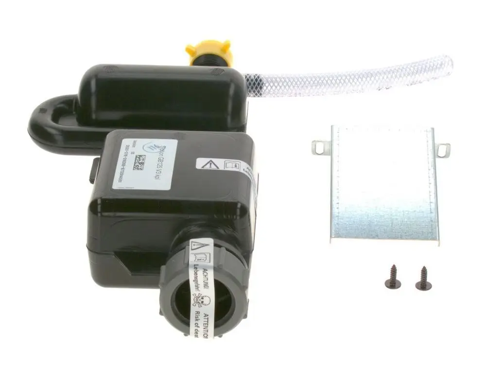 Siphon-Set von Bosch mit einem schwarzen Gehäuse, einem Schlauch und zwei Schrauben. Enthält eine Montageplatte zur Befestigung.